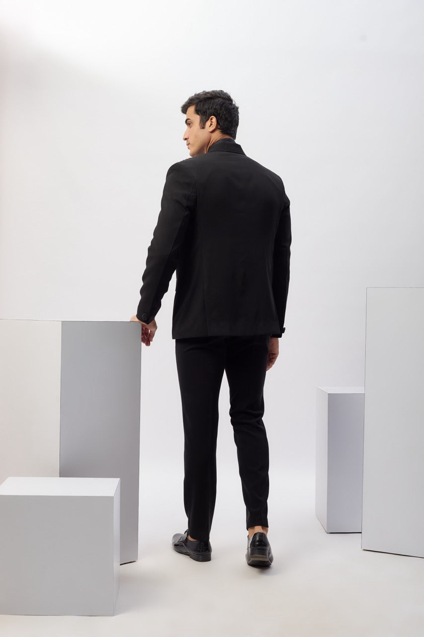 Abees Black viscose hand embroidered tuxedo set - back view