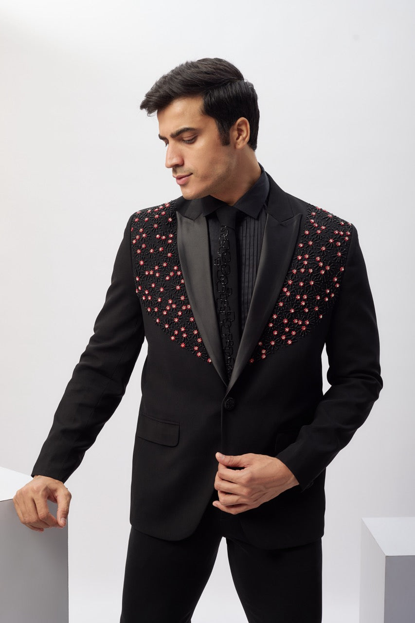Abees Black viscose hand embroidered tuxedo set - side view