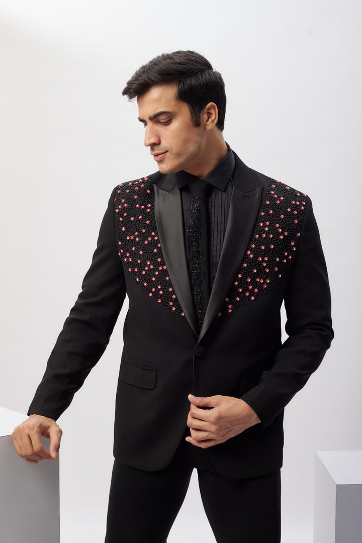 Abees Black viscose hand embroidered tuxedo set - side view