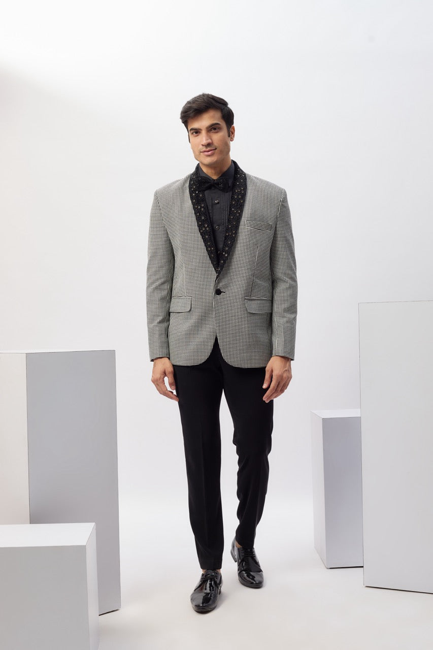 Abees Black white tweed hand embroidered tuxedo set - front view