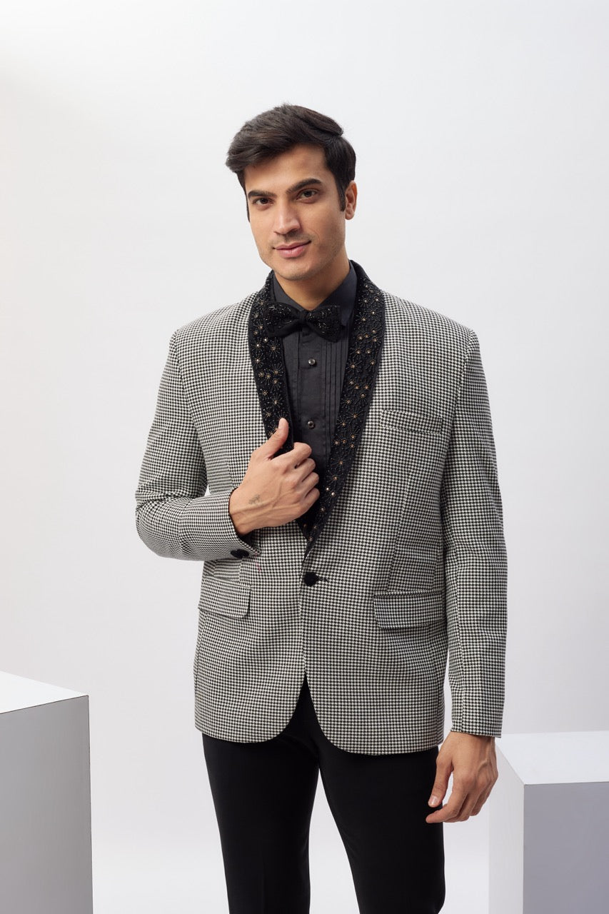 Abees Black white tweed hand embroidered tuxedo set - side view