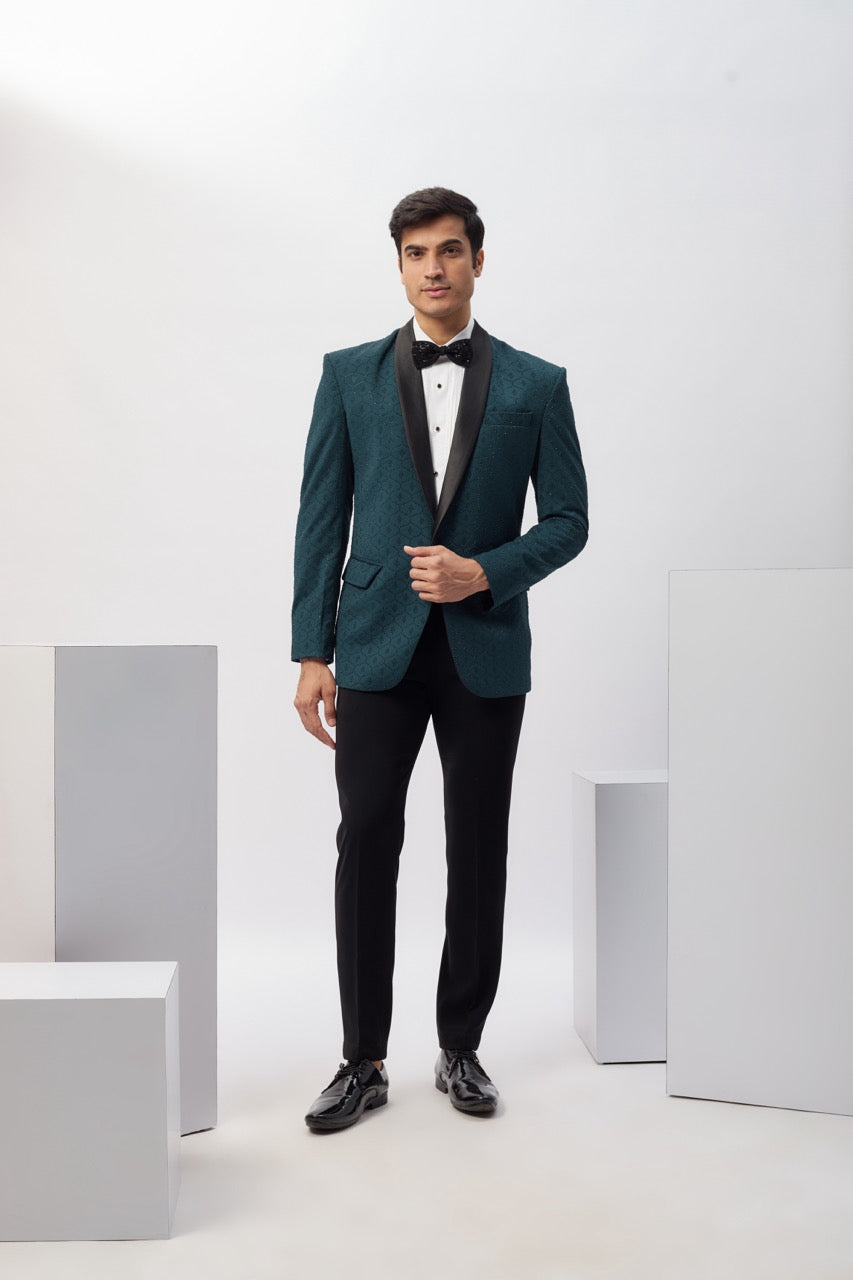 Abees Teal blue Swarovski embroidered tuxedo set - front view