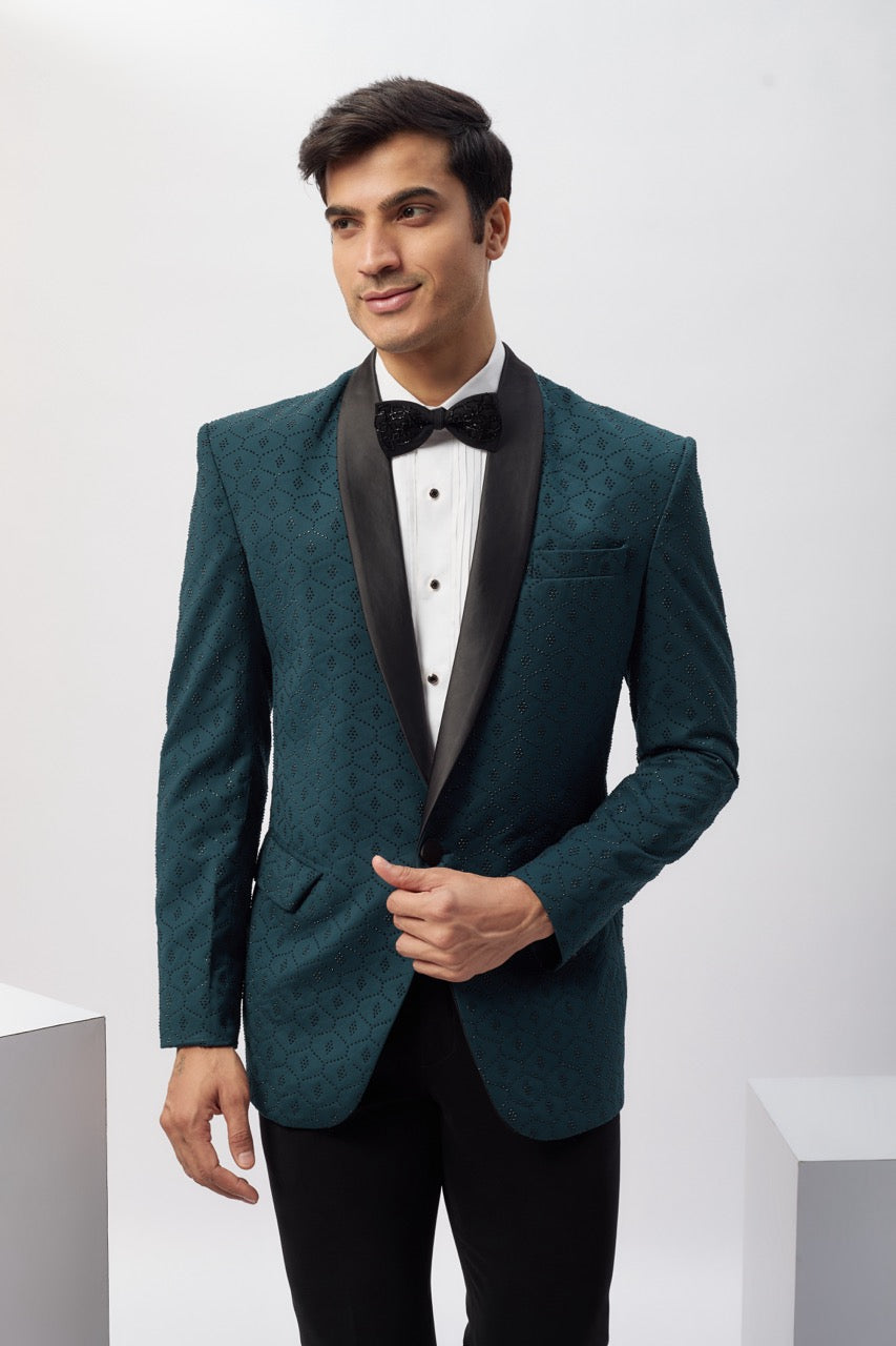 Abees Teal blue Swarovski embroidered tuxedo set - side view