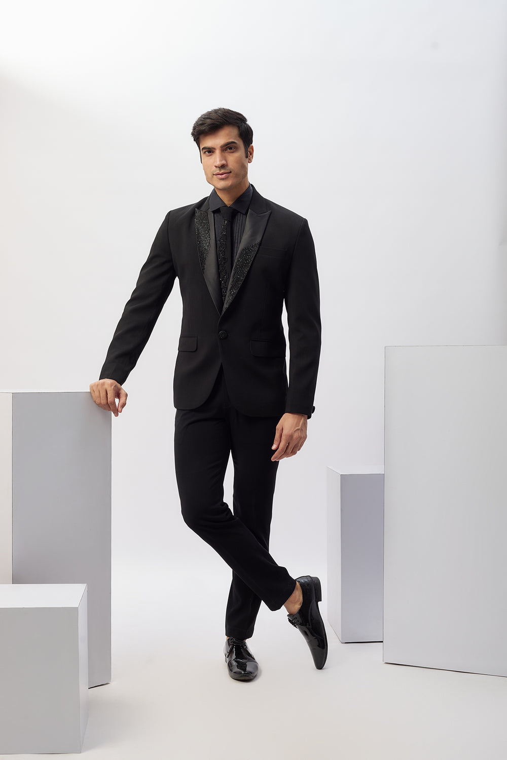 Abees Black viscose hand embroidered tuxedo set - front view