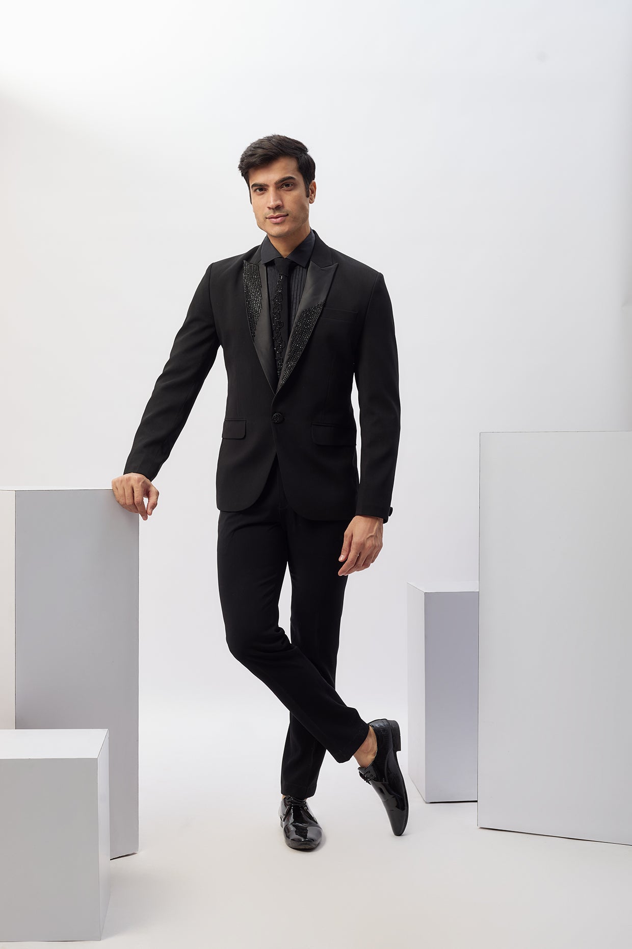 Abees Black viscose hand embroidered tuxedo set - front view
