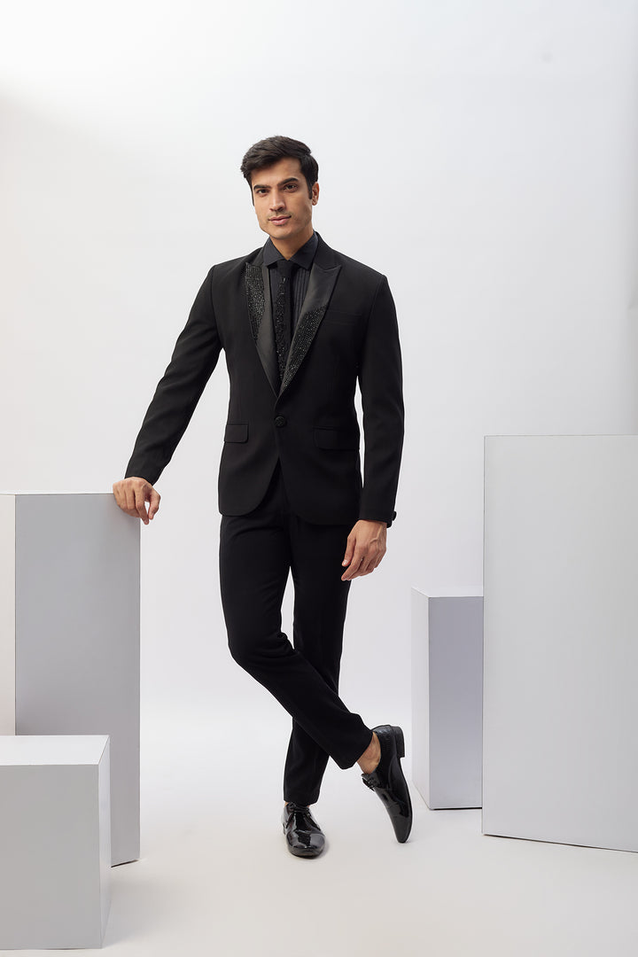 Abees Black viscose hand embroidered tuxedo set - front view