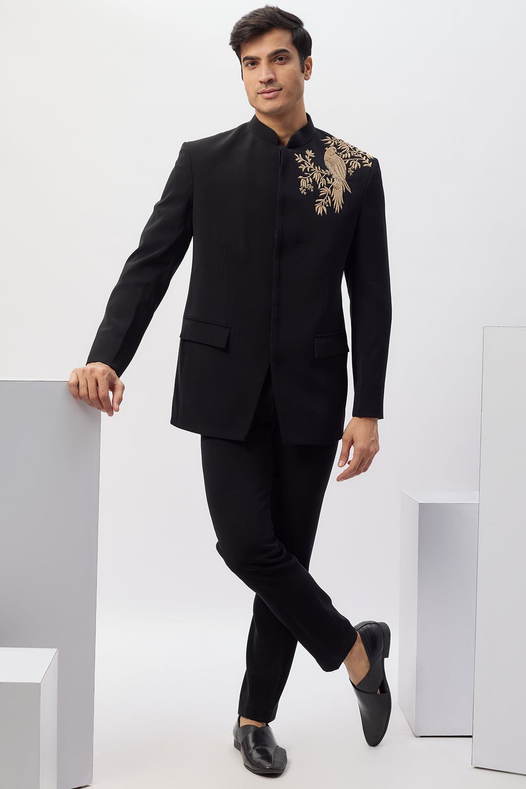 Abees Black viscose hand embroidered bandhgala set - front view