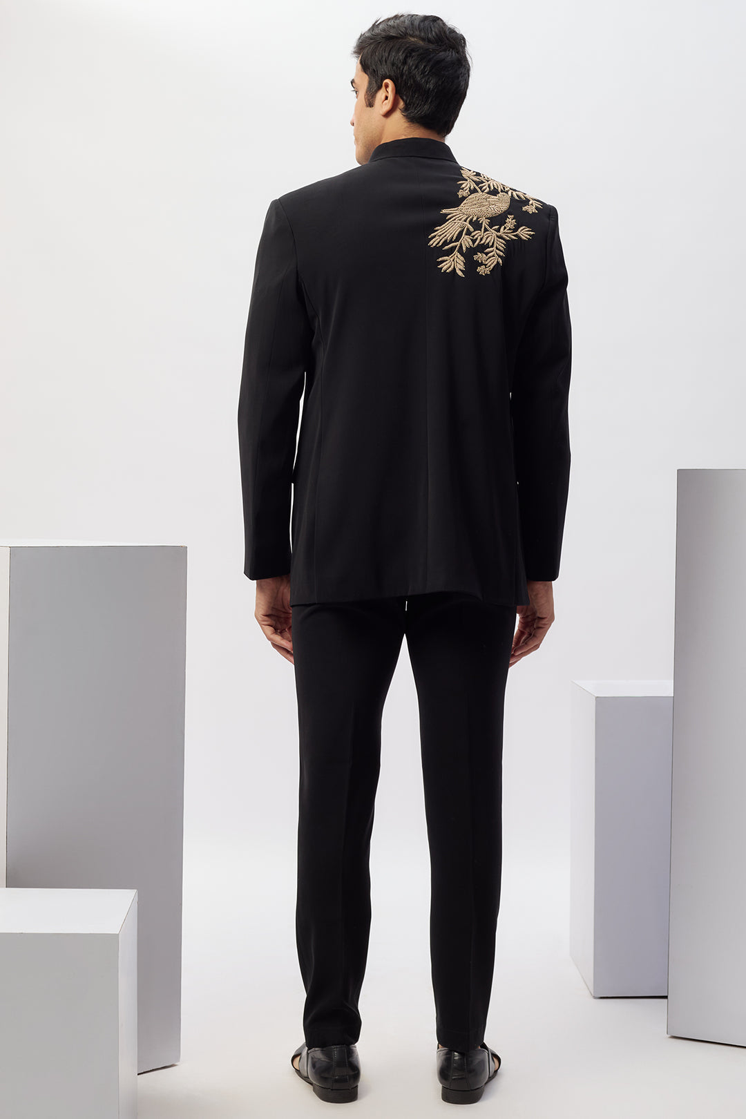 Abees Black viscose hand embroidered bandhgala set - back view