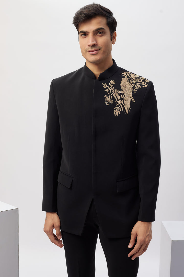 Abees Black viscose hand embroidered bandhgala set - detail view 1