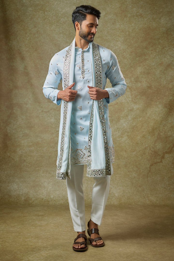 Abees Blue silk mirrorwork kurta set - front view