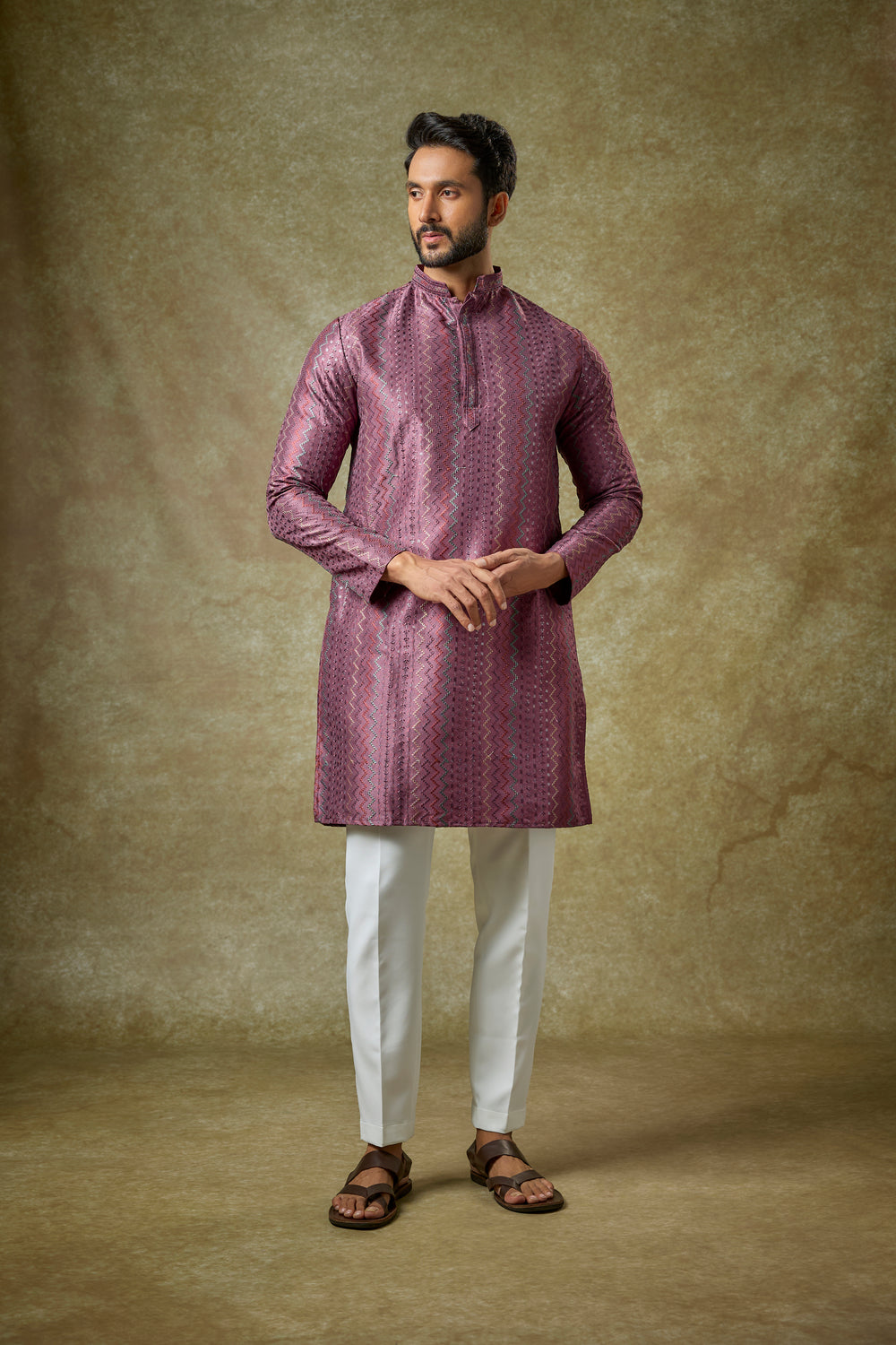 Abees Purple silk threadwork kurta set - front view