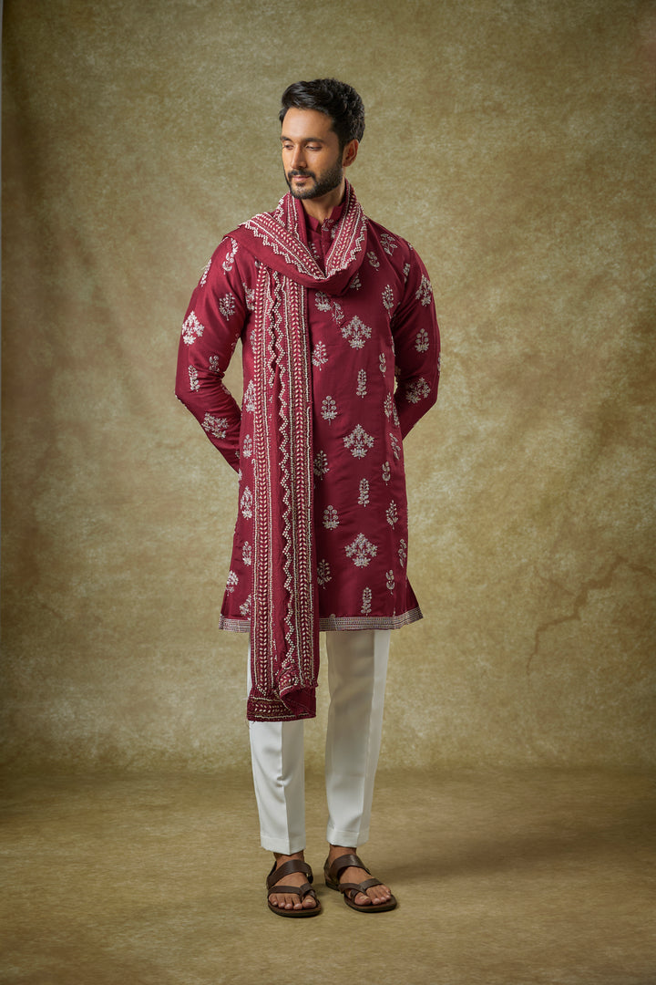 Abees Red silk zardosi kurta set - front view