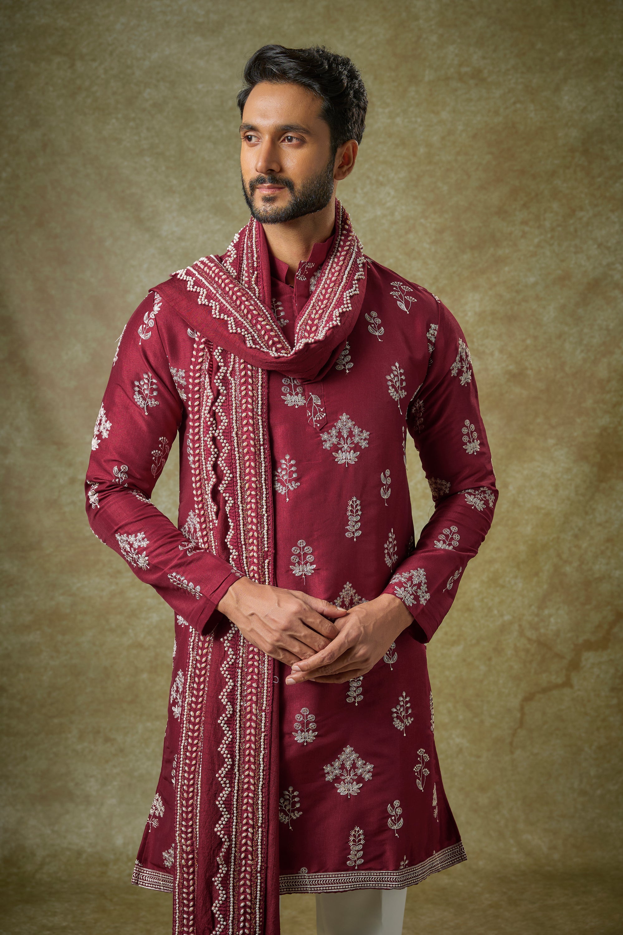 Abees Red silk zardosi kurta set - side view