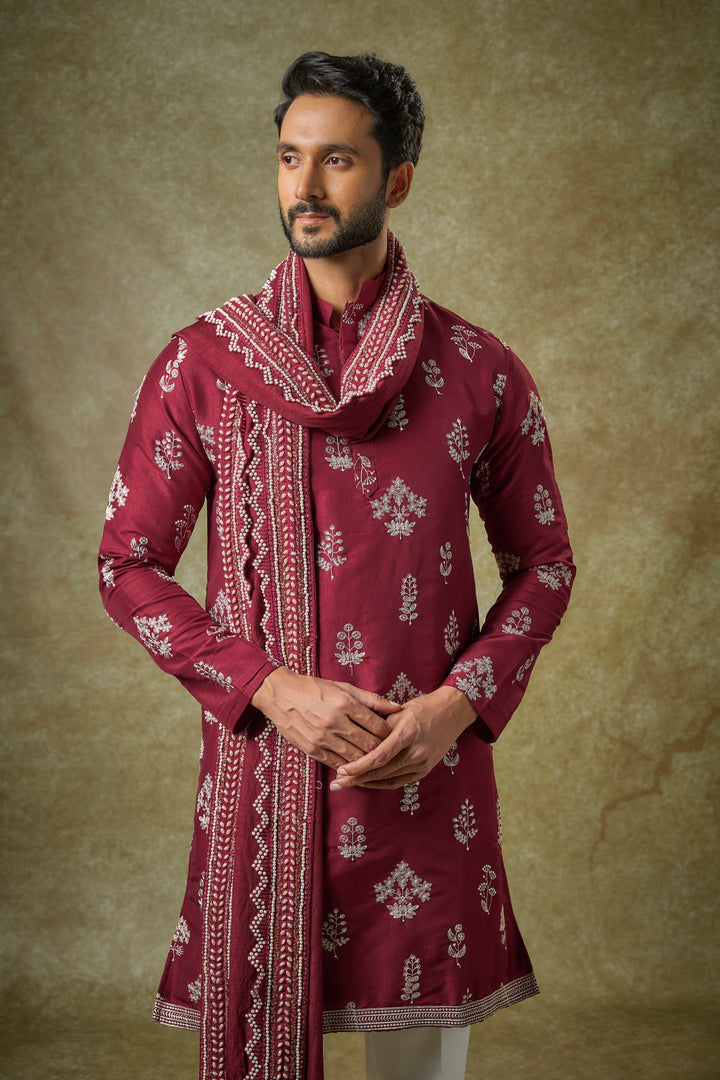 Abees Red silk zardosi kurta set - side view