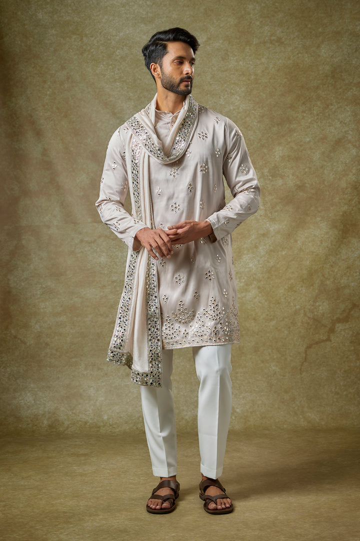 Abees Grey silk mirrorwork kurta set - front view
