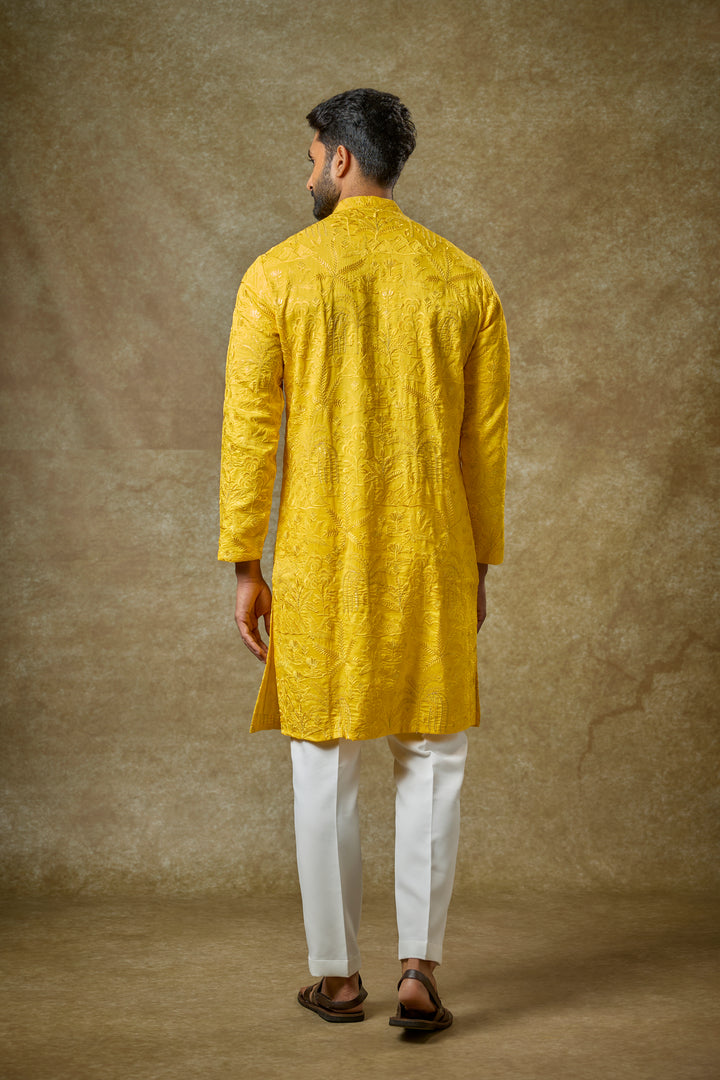 Abees Yellow silk zardosi kurta set - side view