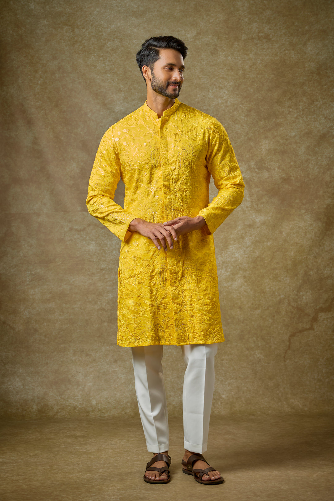Abees Yellow silk zardosi kurta set - front view