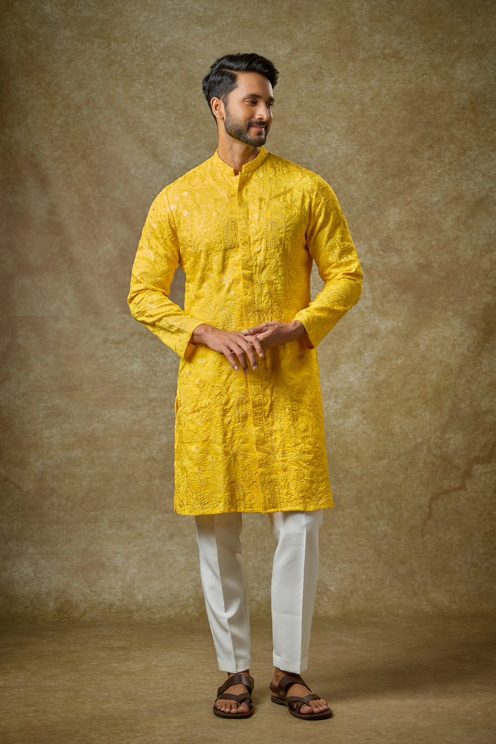 Abees Yellow silk zardosi kurta set - front view