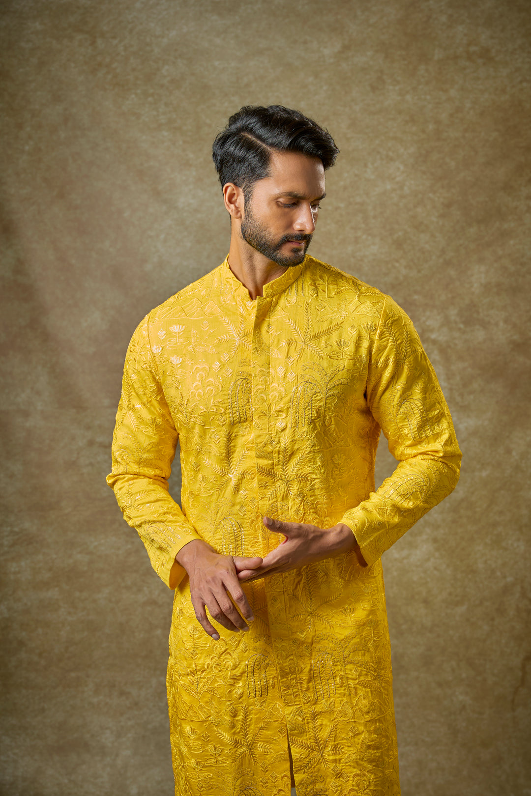 Abees Yellow silk zardosi kurta set - back view