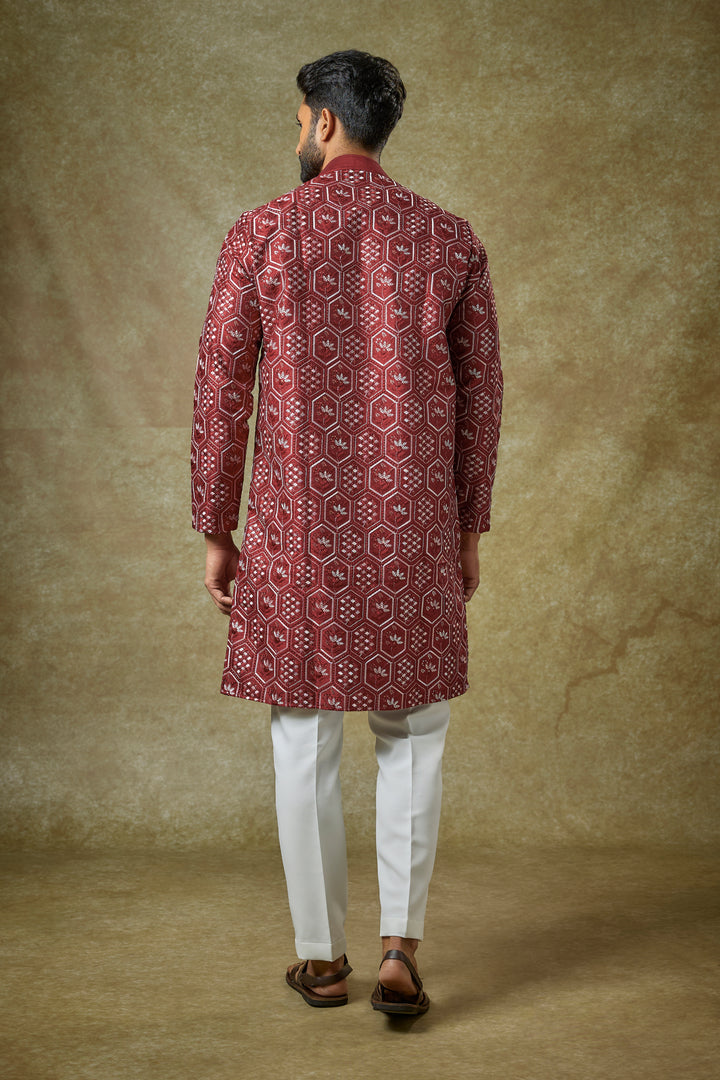 Abees Red cotton silk threadwork kurta set - side view
