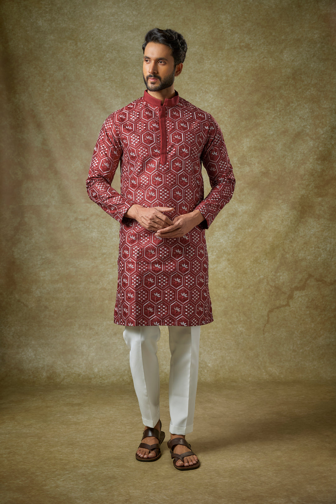 Abees Red cotton silk threadwork kurta set - front view