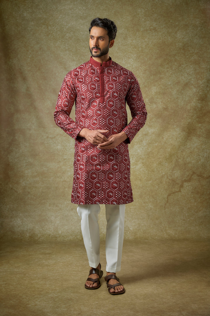 Abees Red cotton silk threadwork kurta set - front view
