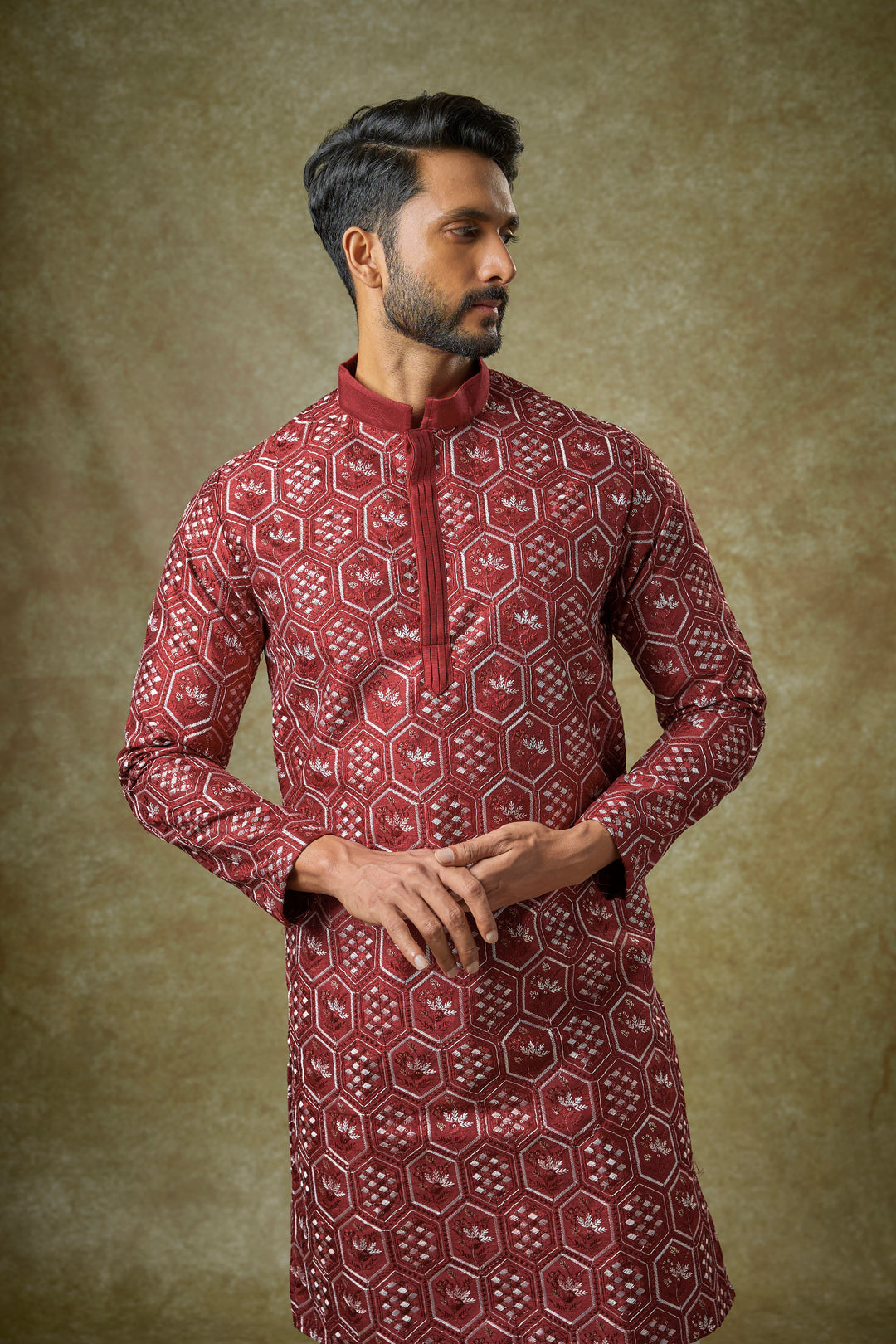 Abees Red cotton silk threadwork kurta set - back view