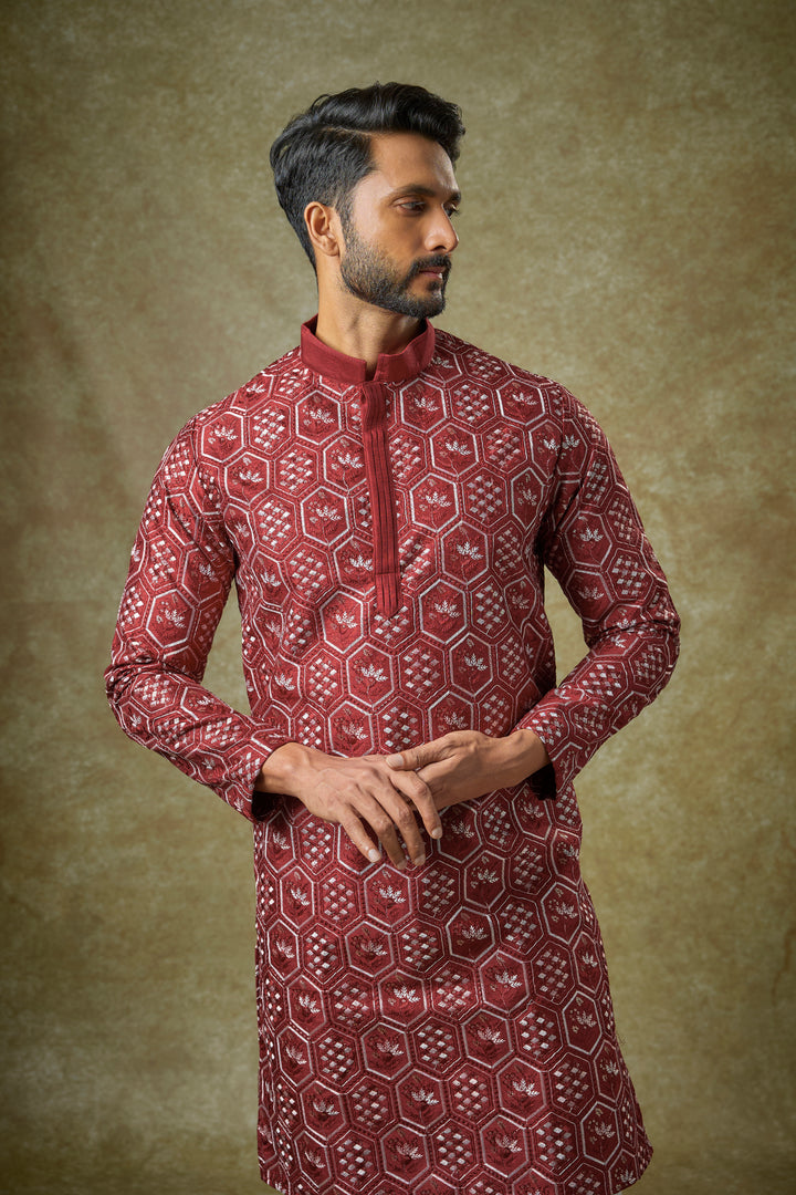 Abees Red cotton silk threadwork kurta set - back view