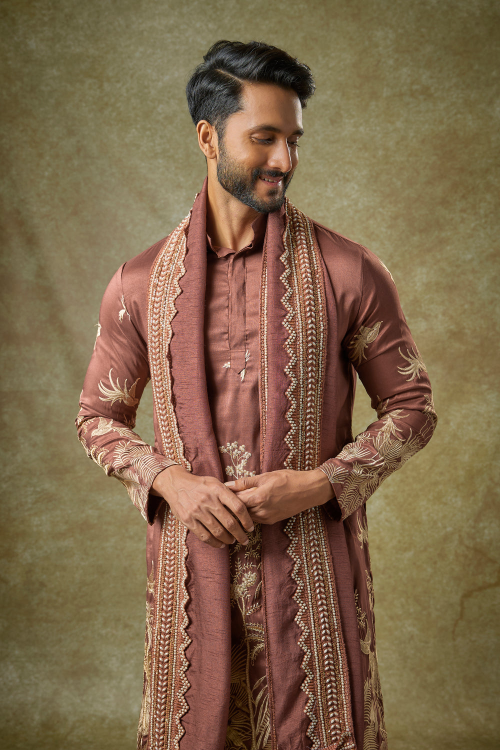 Abees Brown silk threadwork kurta set - side view