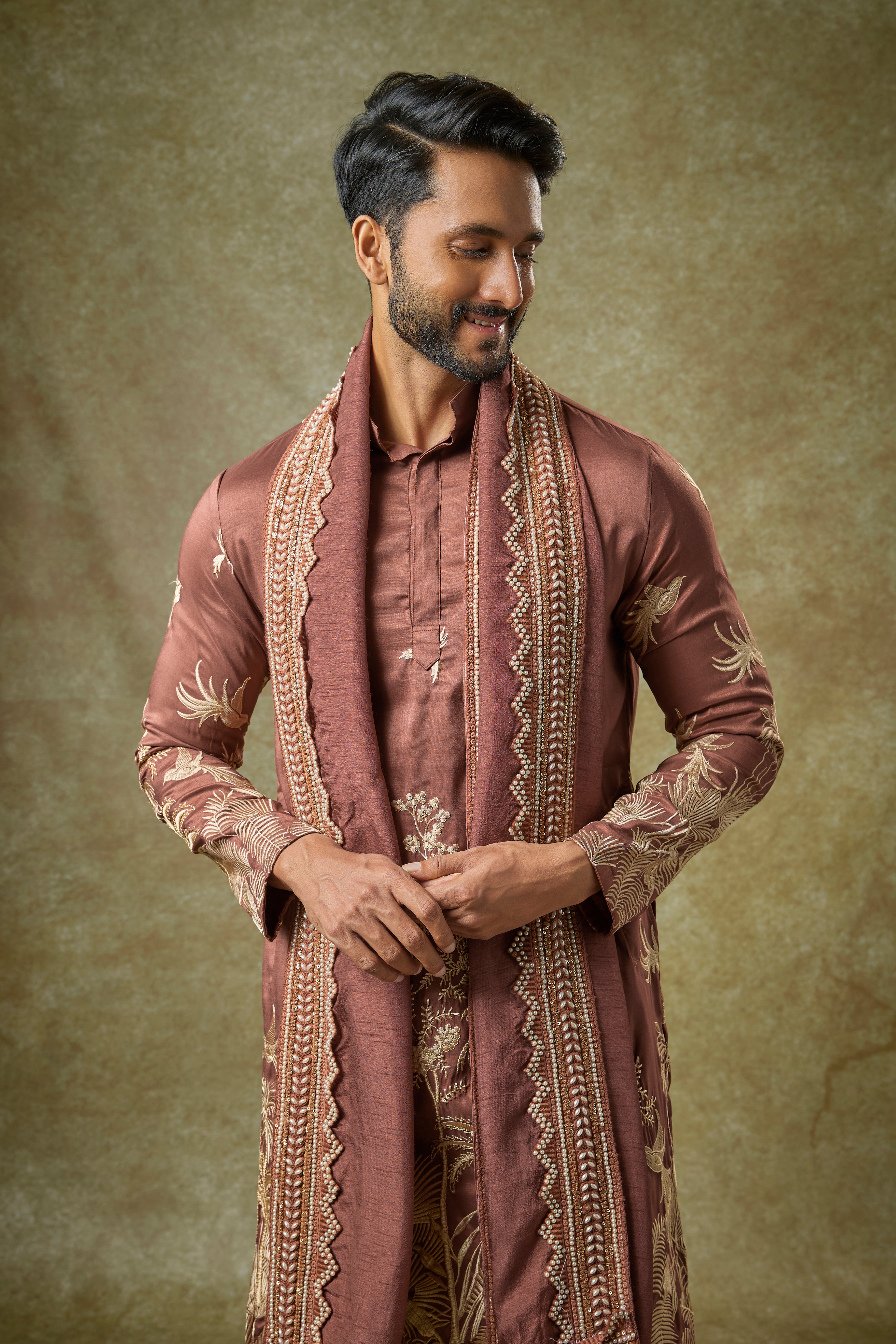 Rust Brown Silk Thread Embroidered Kurta Set