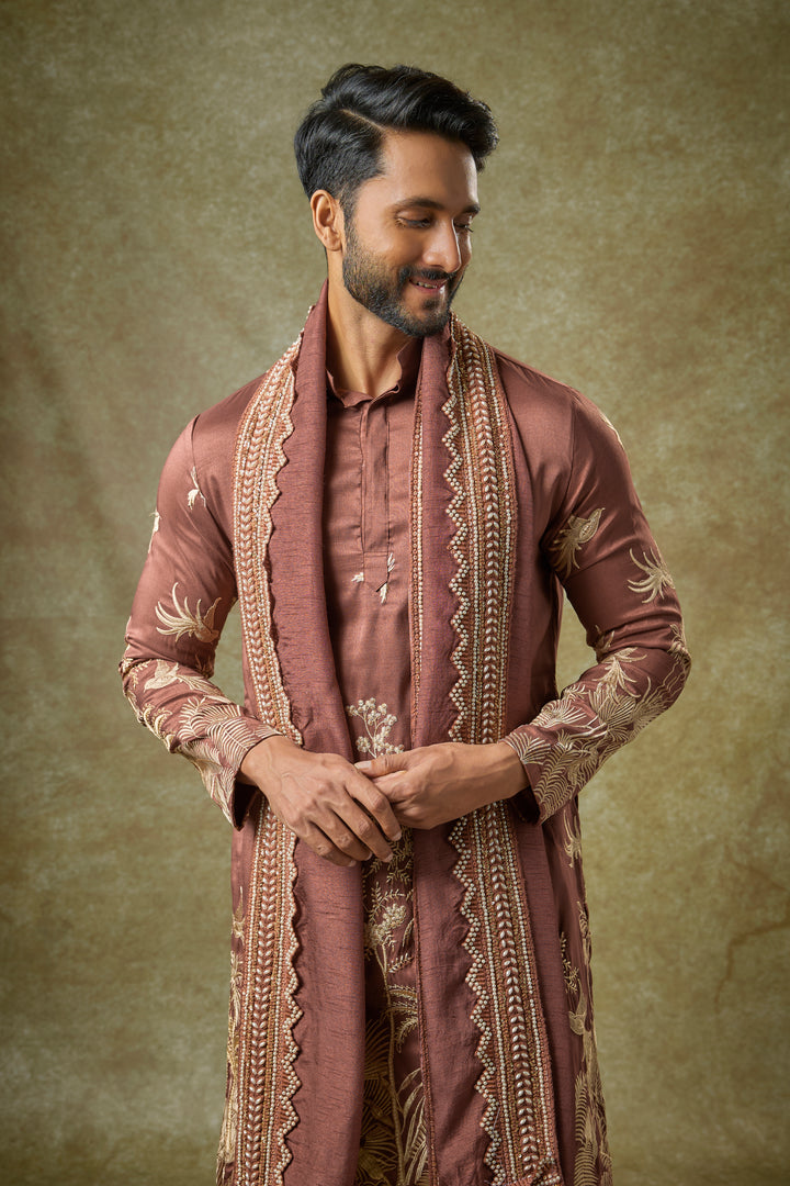 Abees Brown silk threadwork kurta set - side view