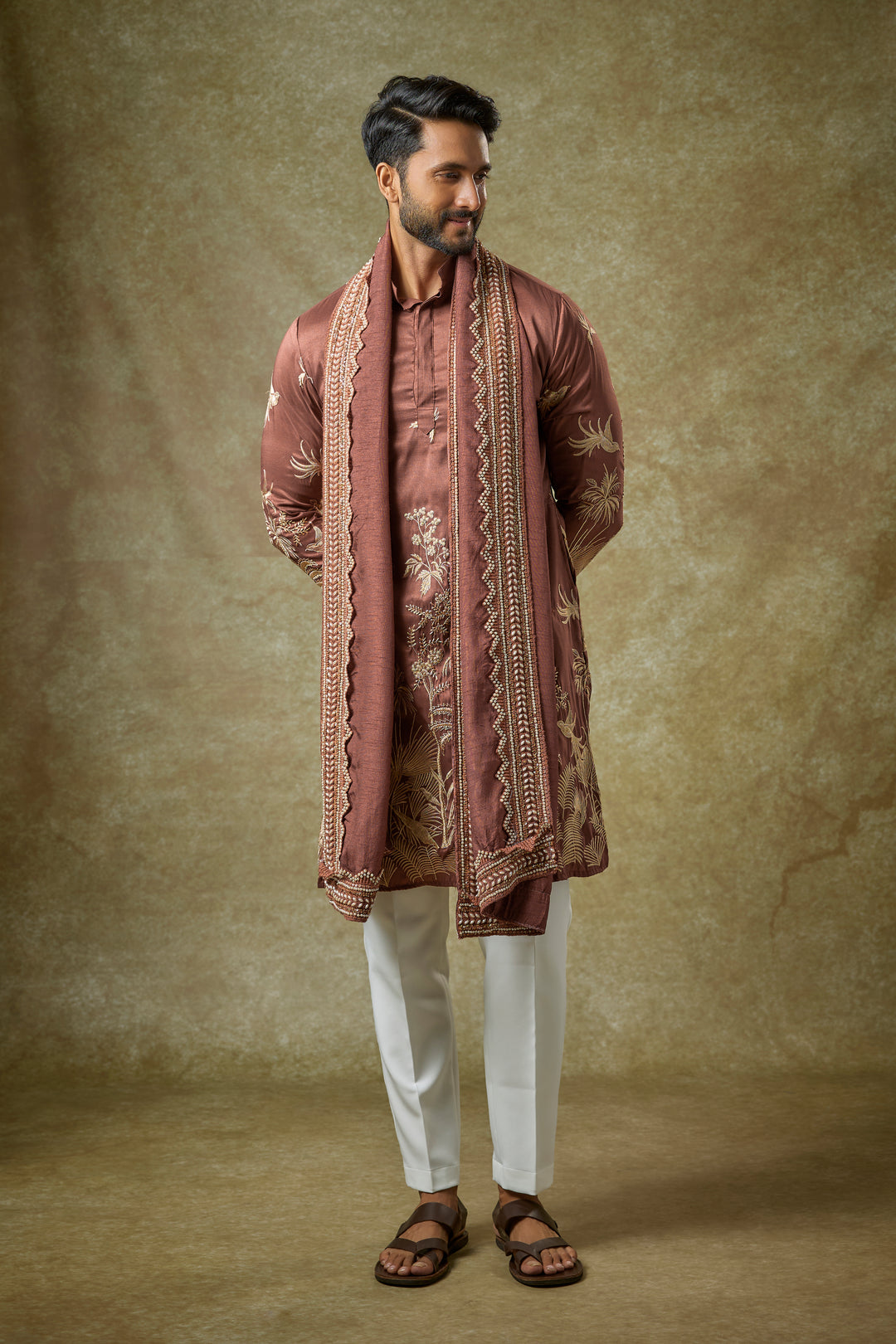 Abees Brown silk threadwork kurta set - front view