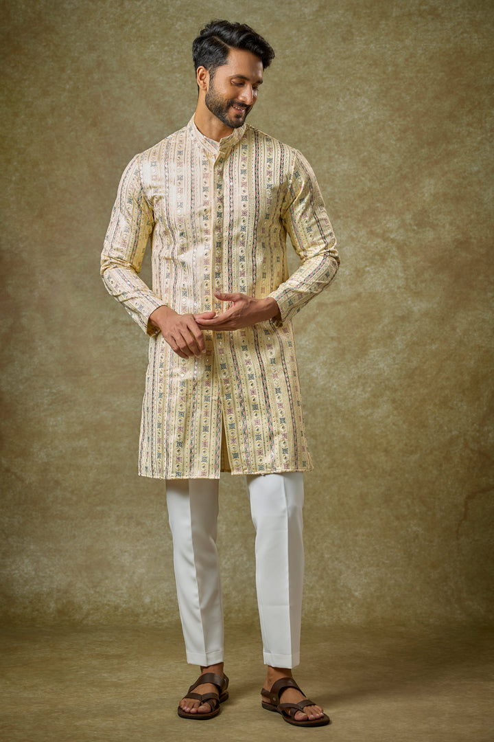 Abees Yellow cotton silk mirrorwork kurta set - front view