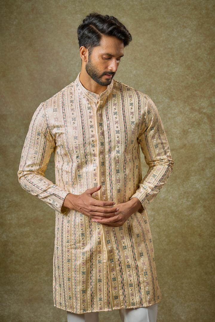 Abees Yellow cotton silk mirrorwork kurta set - back view
