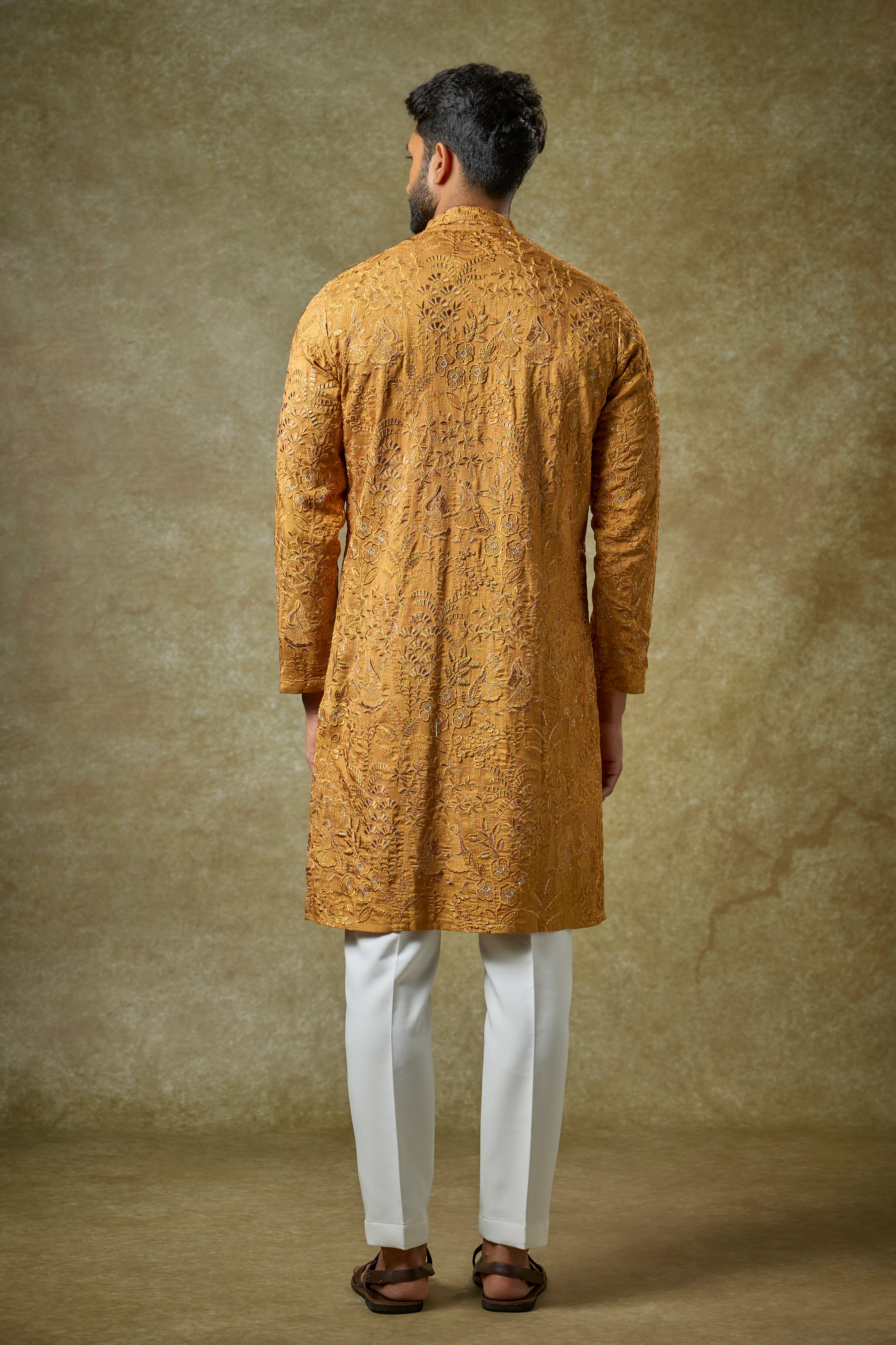 Dull Gold Silk Zari Embroidered Kurta Set