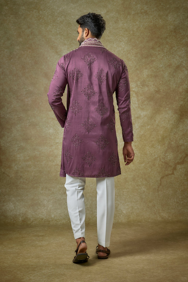 Abees Purple silk embroidered kurta set - back view