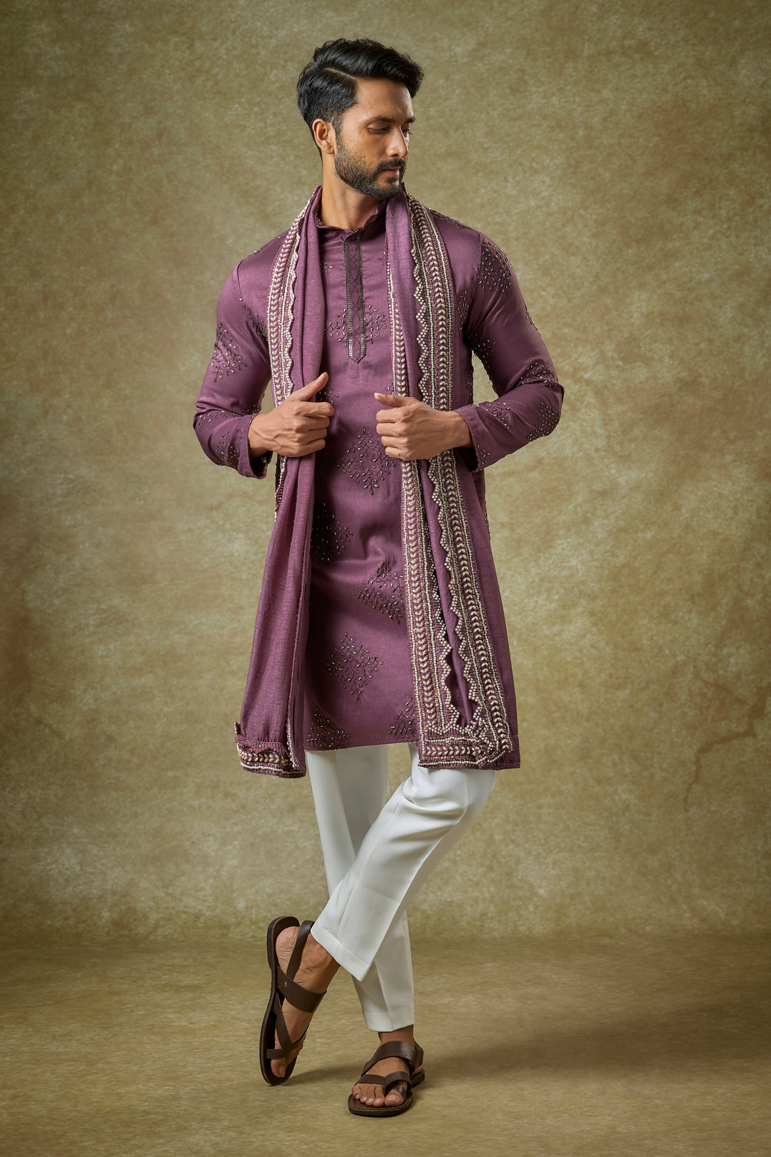 Abees Purple silk embroidered kurta set - front view
