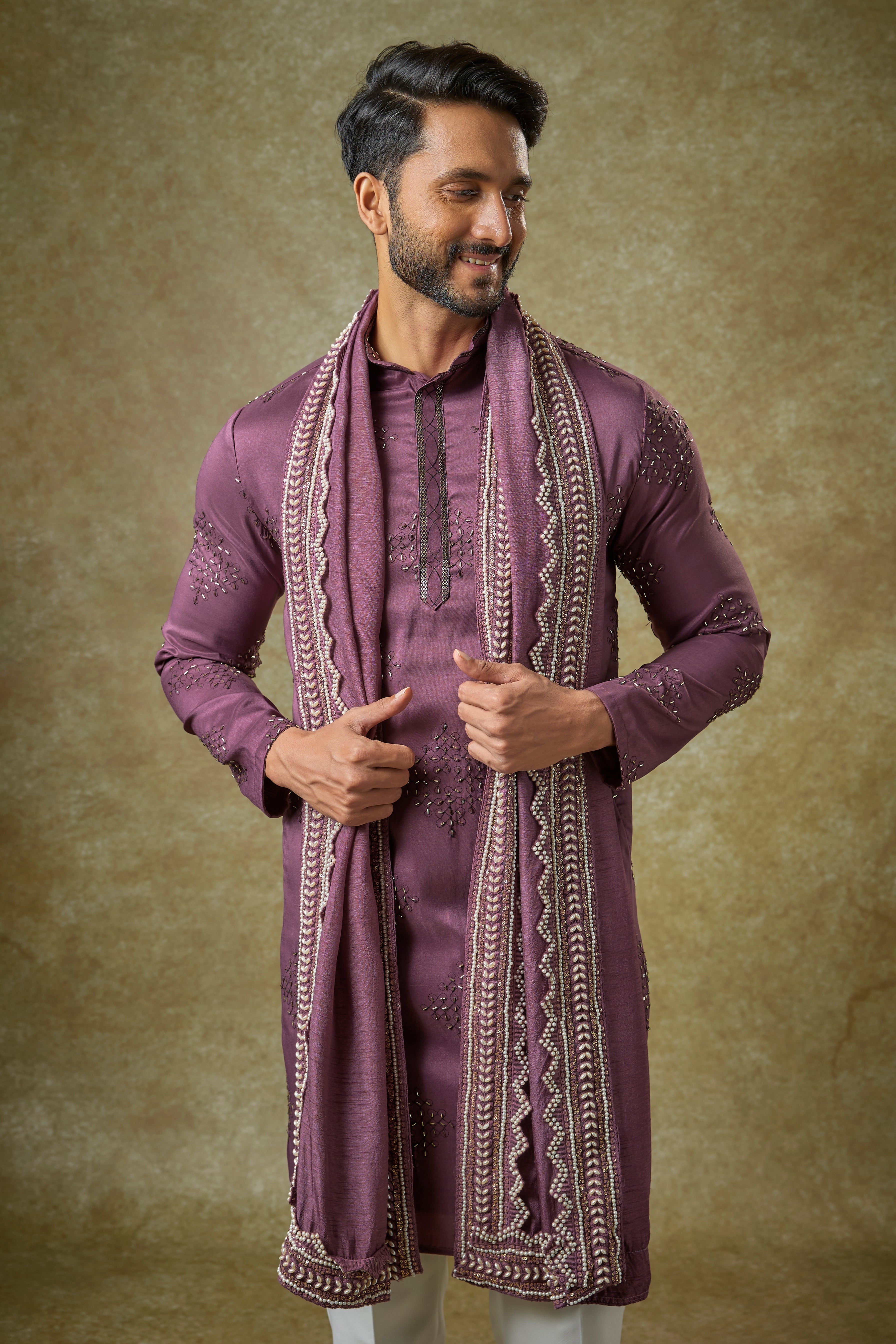 Purple Silk Cutdana Embroidered Kurta Set