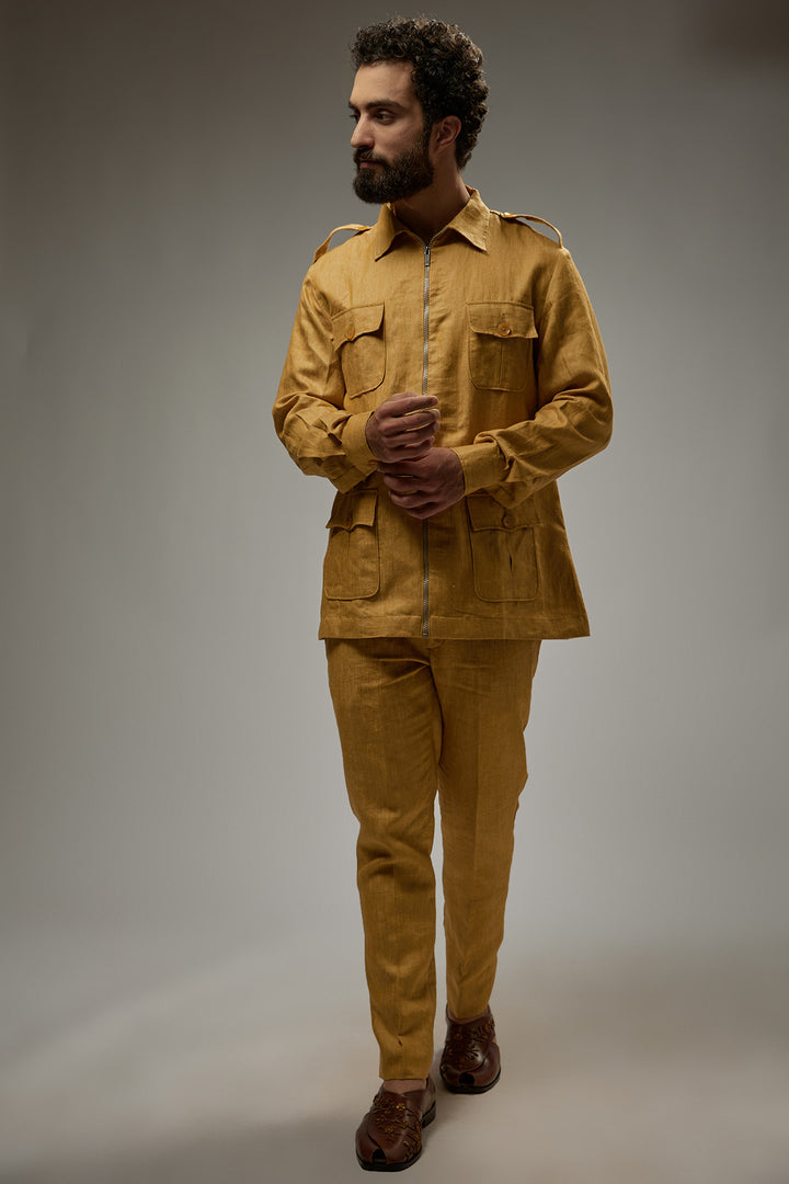 Abees Yellow linen solid co-ord set kurta trousers - front view