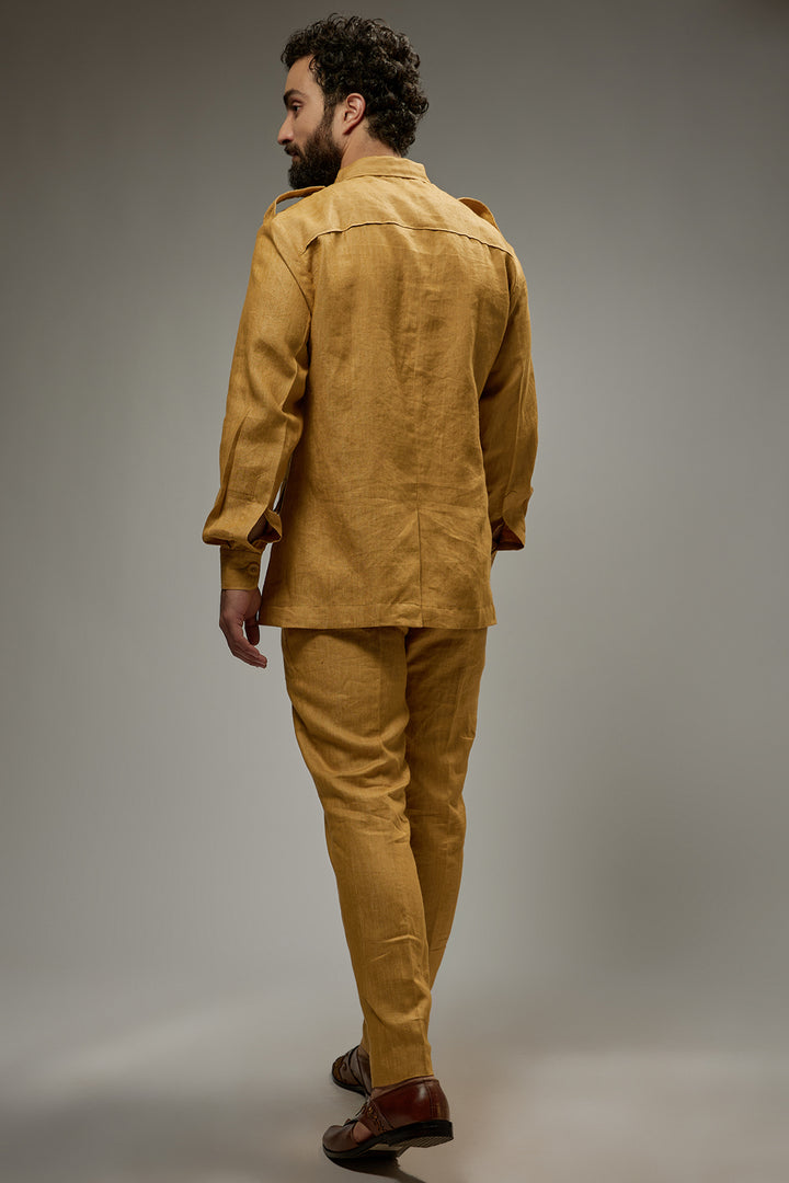 Abees Yellow linen solid co-ord set kurta trousers - back view
