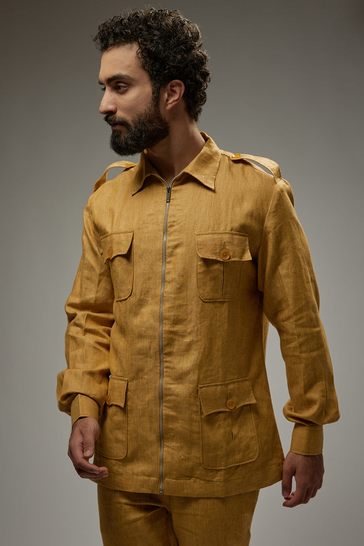 Abees Yellow linen solid co-ord set kurta trousers - detail view 1