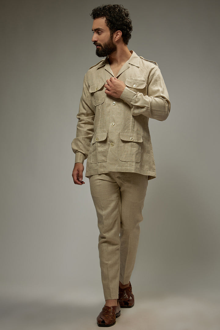 Abees Beige linen solid co-ord set - front view