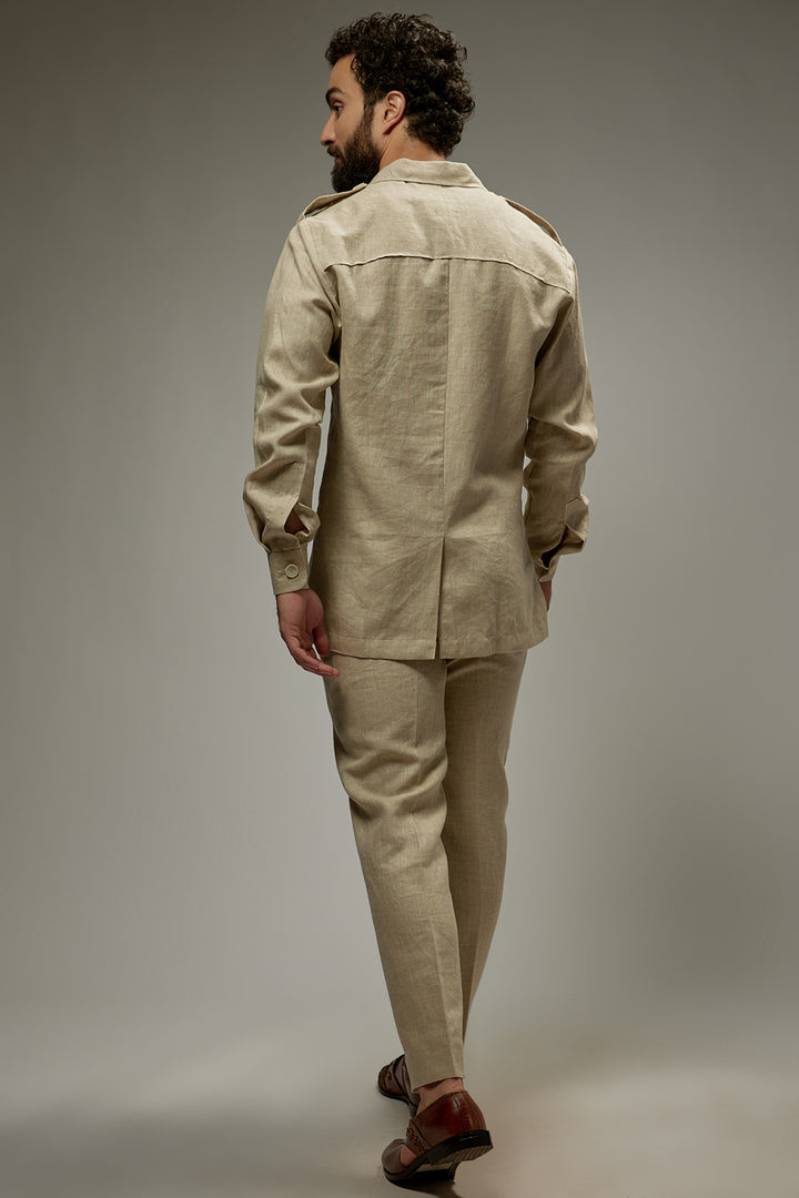 Abees Beige linen solid co-ord set - back view