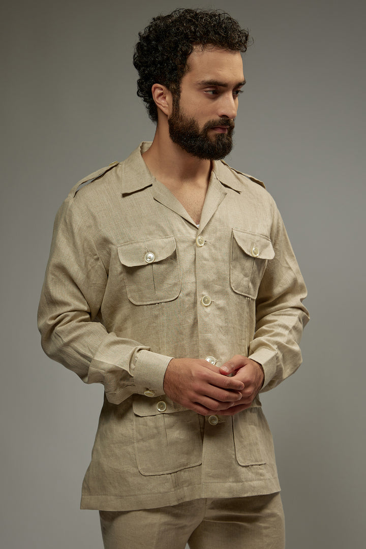 Abees Beige linen solid co-ord set - detail view 1