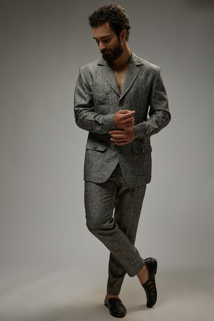 Abees Grey linen solid co-ord set - front view