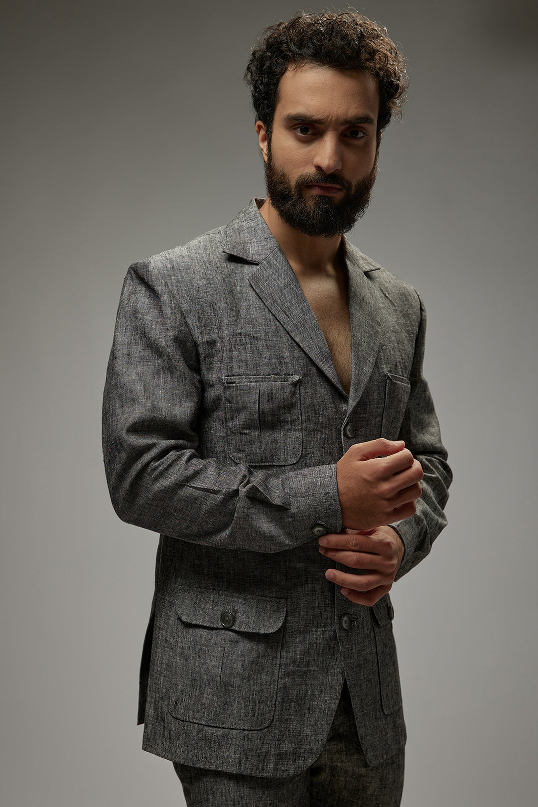 Abees Grey linen solid co-ord set - detail view 1