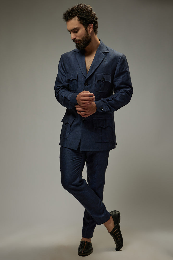 Abees Blue linen solid co-ord set kurta and trousers - front view