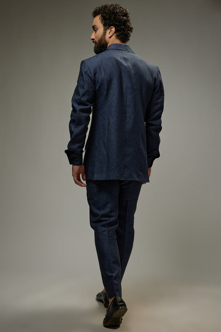 Abees Blue linen solid co-ord set kurta and trousers - back view
