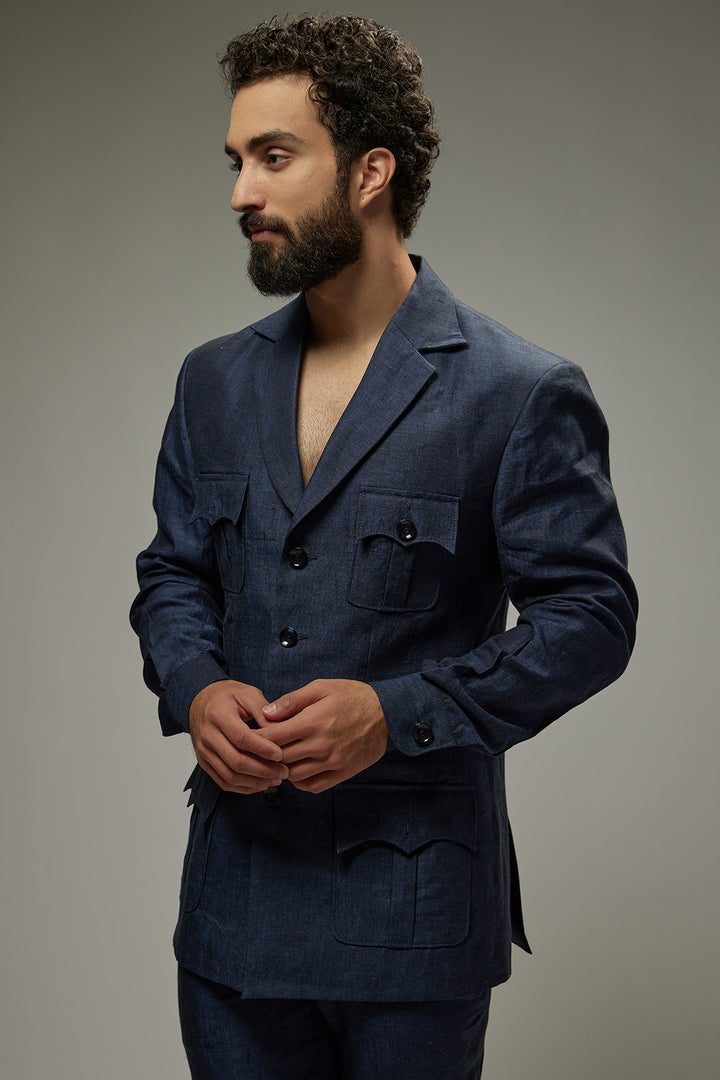 Abees Blue linen solid co-ord set kurta and trousers - detail view 1