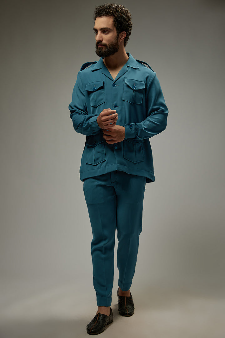 Abees Blue viscose solid co-ord set - front view